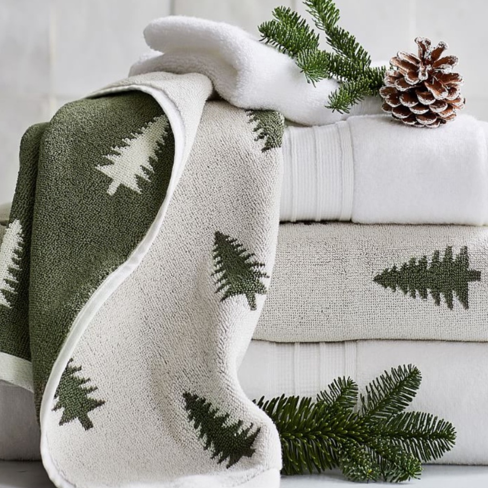 NWT Pottery Barn Pine Tree Reversible Hand Towel Winter Holiday Forest Nature